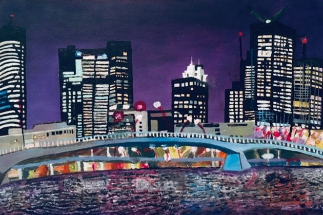 Francesco De Matteis ("Brisbane by night" olio su cartone)