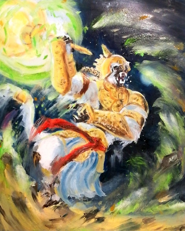 Alberto Ziliani "Hanuman furioso" (olio su cartone)