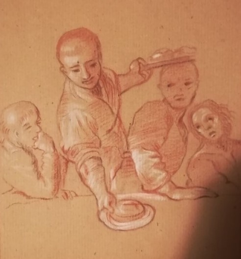 Meriem Halouachi (creta rossa e bianca su carta da pacco)